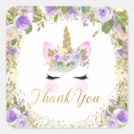 Adesivo Quadrado Dourado Roxo Unicorn Floral Obrigado