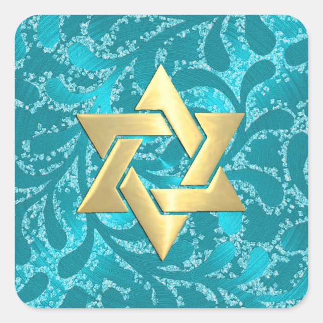 Adesivo Quadrado Dourado Star Bat Mitzvah Turquoise Blue Damask (Frente)