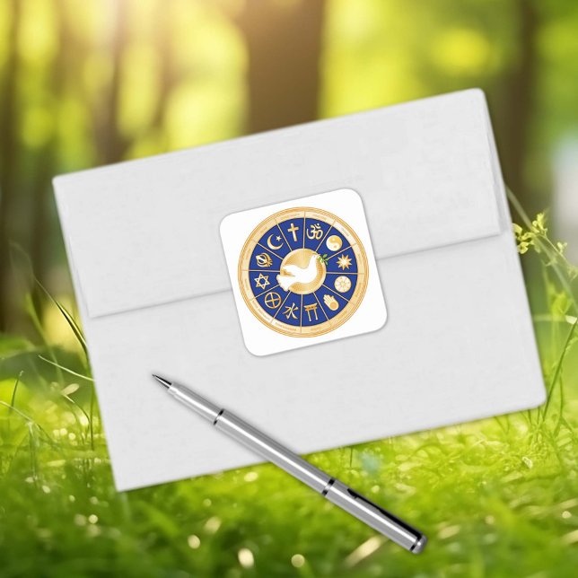 Adesivo Quadrado Dove of Peace (Dove of Peace Square Sticker.
Gold icons of world faiths.)