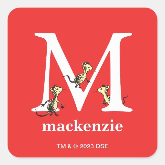 Adesivo Quadrado Dr. Seuss ABC: Carta M - Branco | Adicione seu nom (Frente)