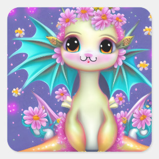 Adesivo Quadrado Dragão-Bebê Bonito com Flores Rosa