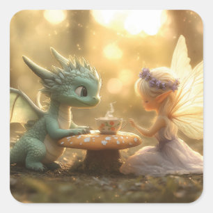 Adesivo Quadrado Dragão-Bebê-Cute e Fada Apreciando Chá