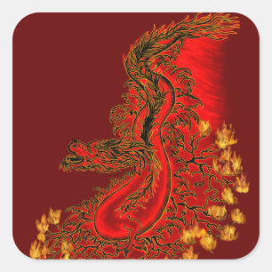 Adesivo Quadrado Dragão da China design vermelho e dourado