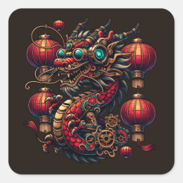 Adesivo Quadrado Dragão de Ano Novo Chinês Steampunk
