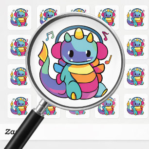 Adesivo Quadrado Dragão feliz com fones de ouvido ouvindo música.