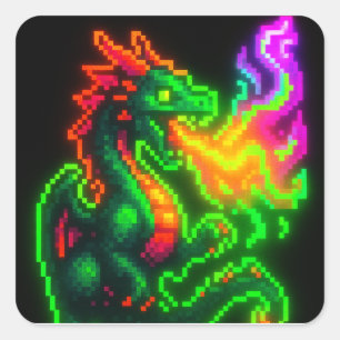 Adesivo Quadrado Dragão Neon Pixel - Design da Chama da Arcade Retr