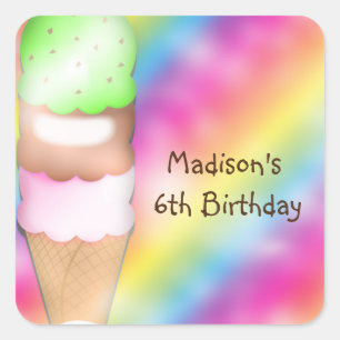 Adesivo Quadrado Dragão Sorvete Rainbow Festa de aniversário Sticke