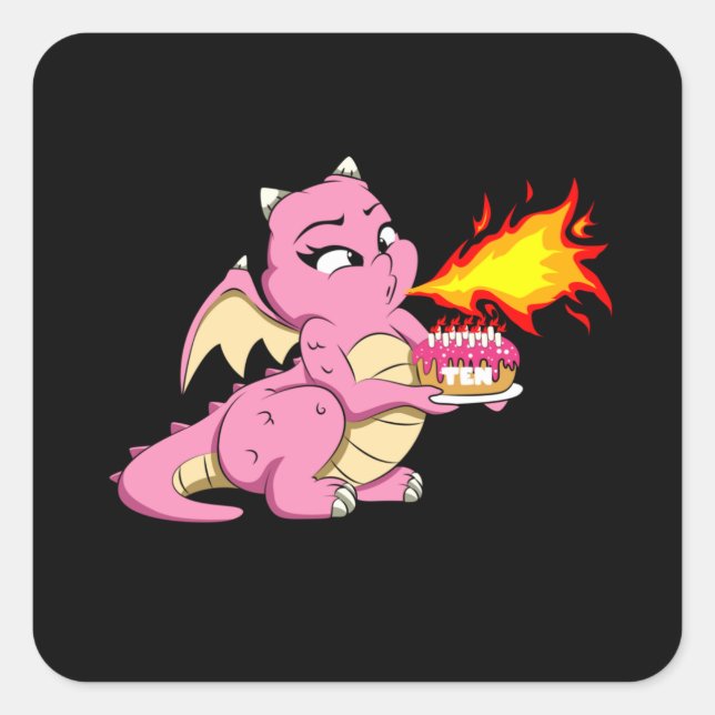 Adesivo Quadrado DRAGON BIRTHDAY 10 10th Birthday Girl Cute Dragon (Frente)