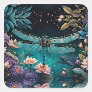 Adesivo Quadrado Dragonfly em um jardim floral à noite