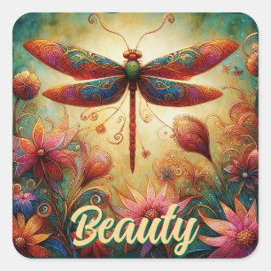 Adesivo Quadrado Dragonfly Floral Abstrato-Art Teal Rosa