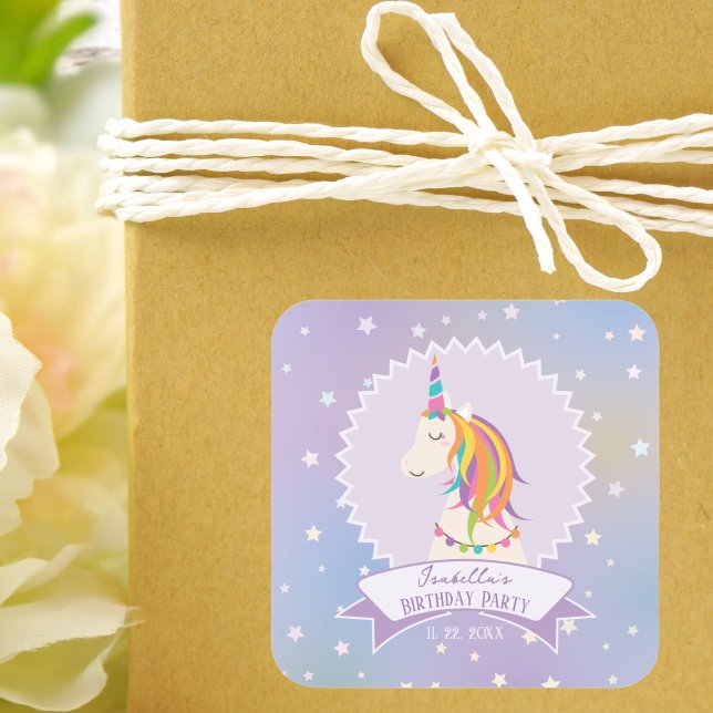 Adesivo Quadrado Dreamy Magical Rainbow Unicorn Girly Birthday (Criador carregado)