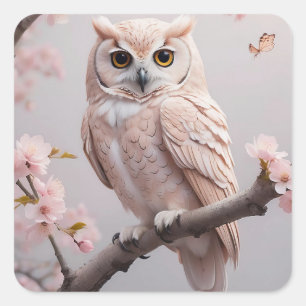 Adesivo Quadrado Dreamy Pink Cherry Blossoms Owl