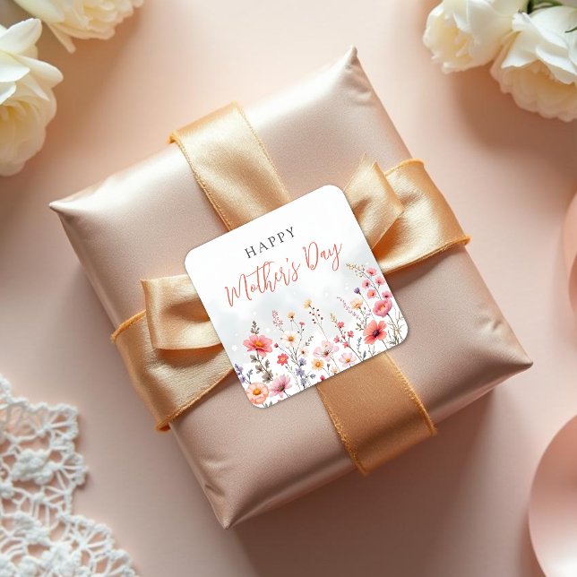Adesivo Quadrado Dreamy Wildflower Happy Mothers Day Garden Floral (Dreamy Spring Wildflower Garden Floral Watercolor Effect Happy Mothers Day Celebration Stickers.)