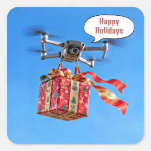 Adesivo Quadrado Drone Entregando um Presente de Natal