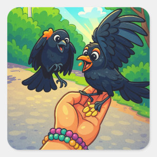 Adesivo Quadrado Duas aves negras alimentadas com cartoons manuais