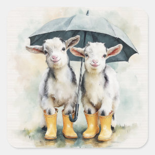 Adesivo Quadrado Duas Cabras de Bebê em um Dia de Chuva