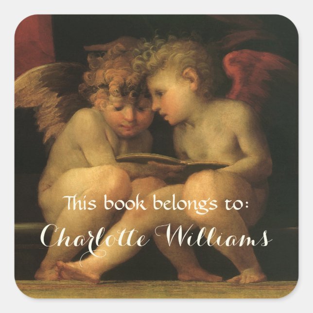 Adesivo Quadrado Duas Cherubs Lendo por Rosso Fiorentino Bookplate (Frente)