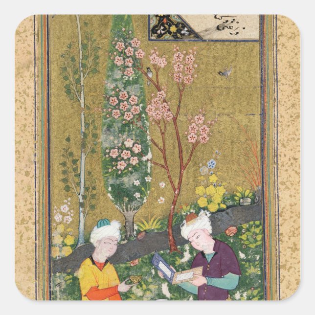Adesivo Quadrado Duas figuras lendo e reaxando em um pomar (Frente)