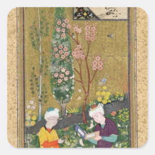 Adesivo Quadrado Duas figuras que lêem e que relaxam em um pomar