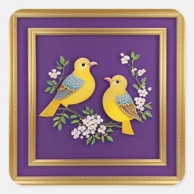 Adesivo Quadrado Duas Pássaros no Quadro Dourado Ornamentado (Frente)