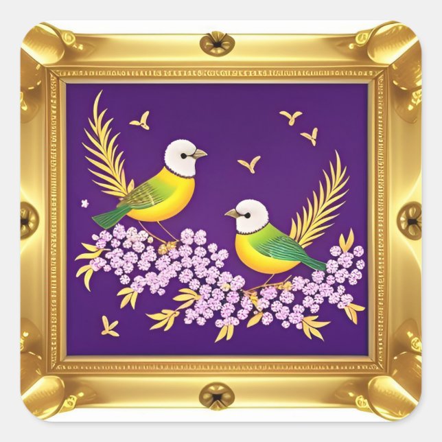 Adesivo Quadrado Duas Pássaros no Quadro Dourado Ornamentado (Frente)