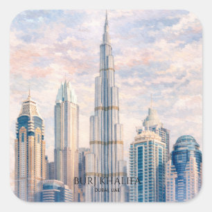 Adesivo Quadrado Dubai Burj Khalifa Cidade de Luxo Aquarela da Pais