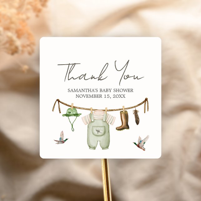Adesivo Quadrado Duck Hunting Baby Shower (Little Hunter Duck Baby Shower Sticker)