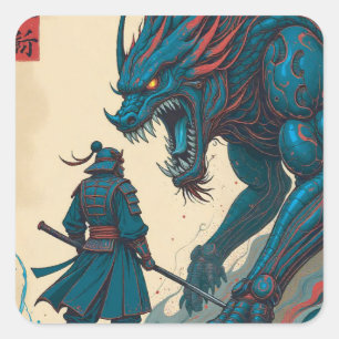 Adesivo Quadrado "Duelo Cibernético – Samurai vs Criatura de Glifo 