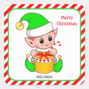 Adesivo Quadrado Duende de Natal, texto personalizado em vermelho e
