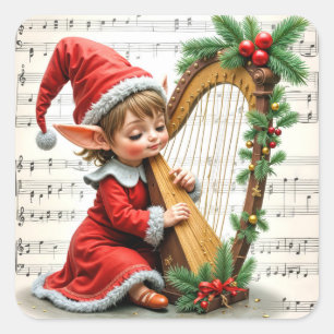 Adesivo Quadrado Duende de Natal Tocando uma Harpa