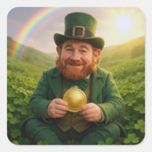 Adesivo Quadrado Duende Irlandês Com Moeda de Ouro e Arco-íris