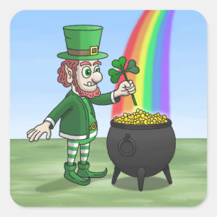 Adesivo Quadrado Duende irlandês e o pote cheio de ouro
