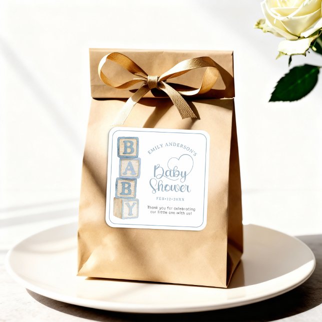 Adesivo Quadrado Dusty Blue Baby Blocks Baby Shower Favor Sticker (Baby Shower Favor Sticker)