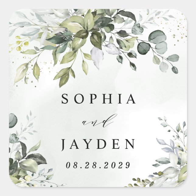 Adesivo Quadrado Dusty Blue Eucalyptus Greenery Casamento Suculento (Frente)