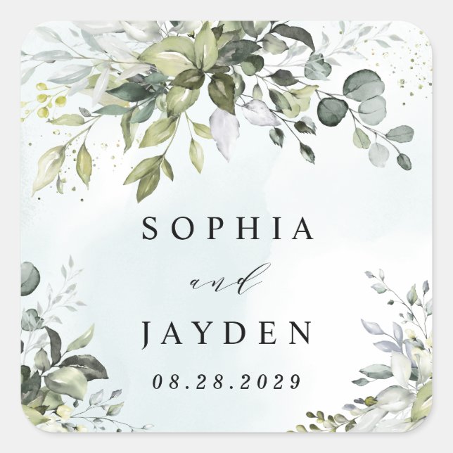 Adesivo Quadrado Dusty Blue Eucalyptus Greenery Casamento Suculento (Frente)