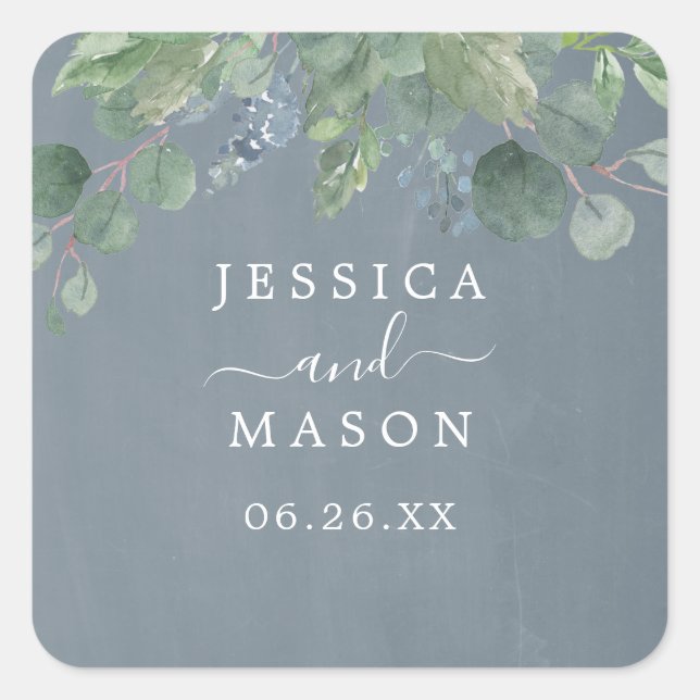 Adesivo Quadrado Dusty Blue Eucalyptus Weding Favor Stickers (Frente)