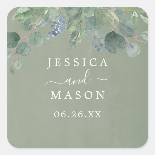 Adesivo Quadrado Dusty Blue Eucalyptus Weding Favor Stickers (Frente)