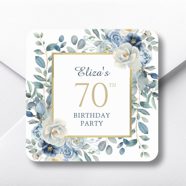 Adesivo Quadrado Dusty Blue Floral 70 Birthday Favor (Criador carregado)
