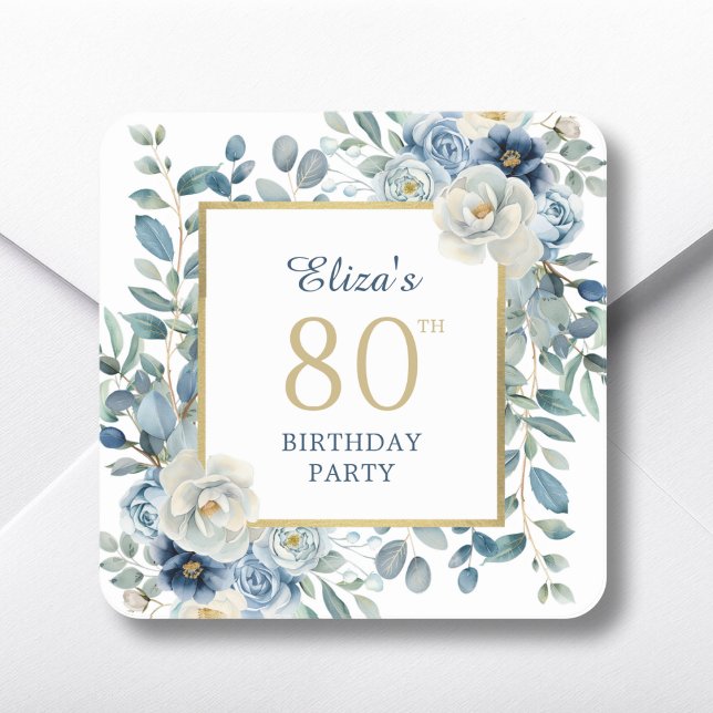 Adesivo Quadrado Dusty Blue Floral 80 Birthday Favor (Criador carregado)