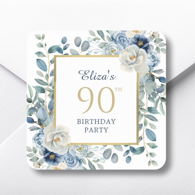 Adesivo Quadrado Dusty Blue Floral 90 Birthday Favor (Criador carregado)