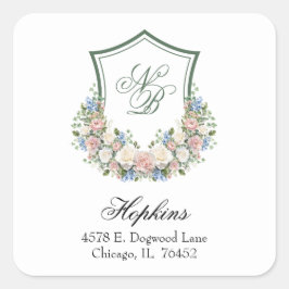 Adesivo Quadrado Dusty Blue Floral Crest Endereço de Devolução de C