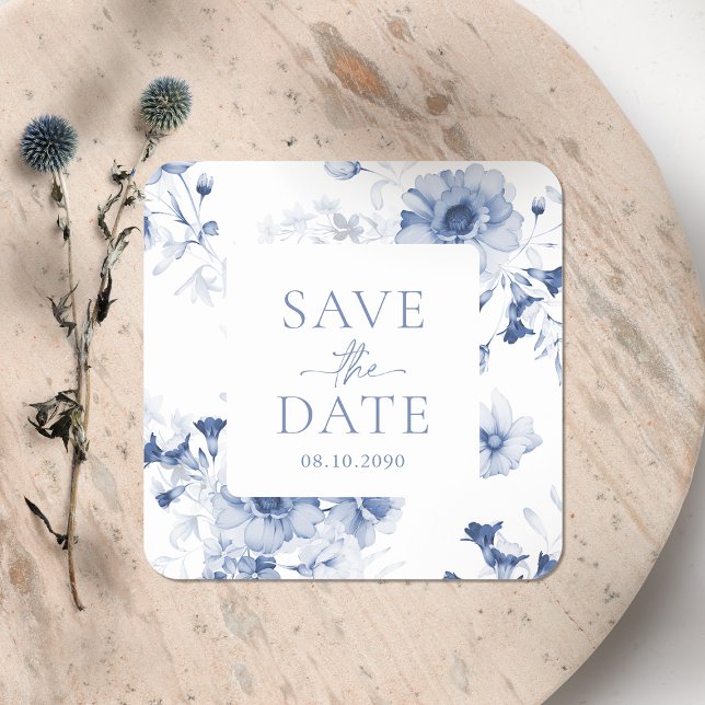 Adesivo Quadrado Dusty Blue Floral Sticker "Save the Date" (Criador carregado)