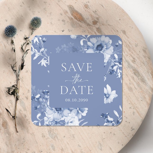 Adesivo Quadrado Dusty Blue Floral Sticker "Save the Date" (Criador carregado)