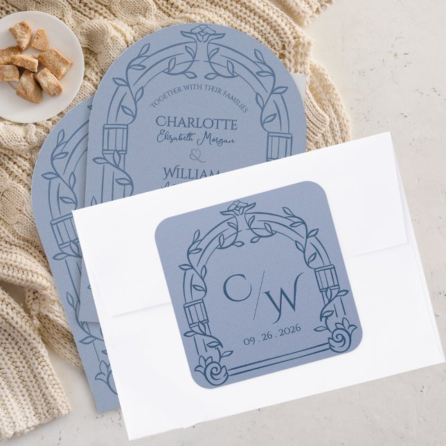 Adesivo Quadrado Dusty Blue Ornate Arch Botanical Wedding (Dusty Blue Ornate Arch Botanical Wedding Envelope Square Sticker Monogram Seal)