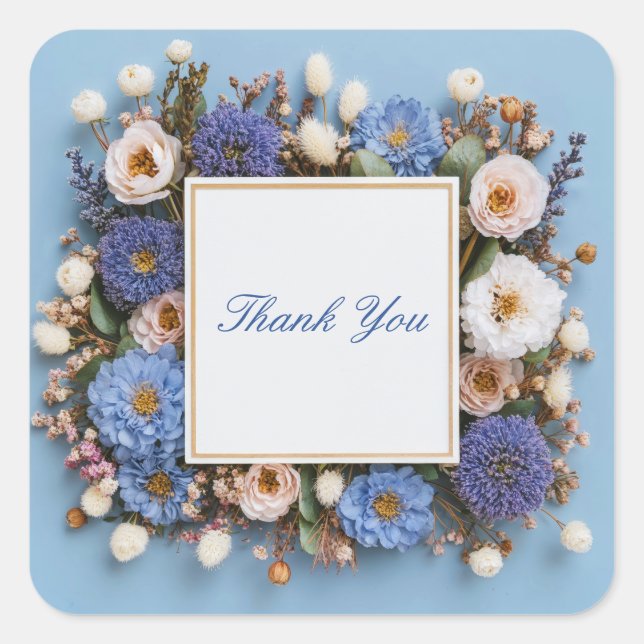 Adesivo Quadrado Dusty Blue Purple Dried Floral Rustic Gold Frame (Frente)