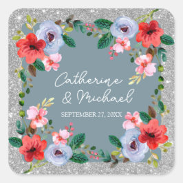 Adesivo Quadrado Dusty Blue Silver Glitter Watercolor Floral