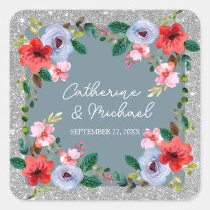Adesivo Quadrado Dusty Blue Silver Glitter Watercolor Floral