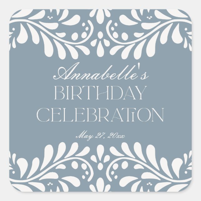 Adesivo Quadrado Dusty Blue Talavera Espanha Fiesta Birthday Favor (Frente)