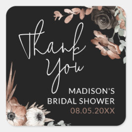 Adesivo Quadrado Dusty Pink & Black Floral Bridal Shower Agradecime