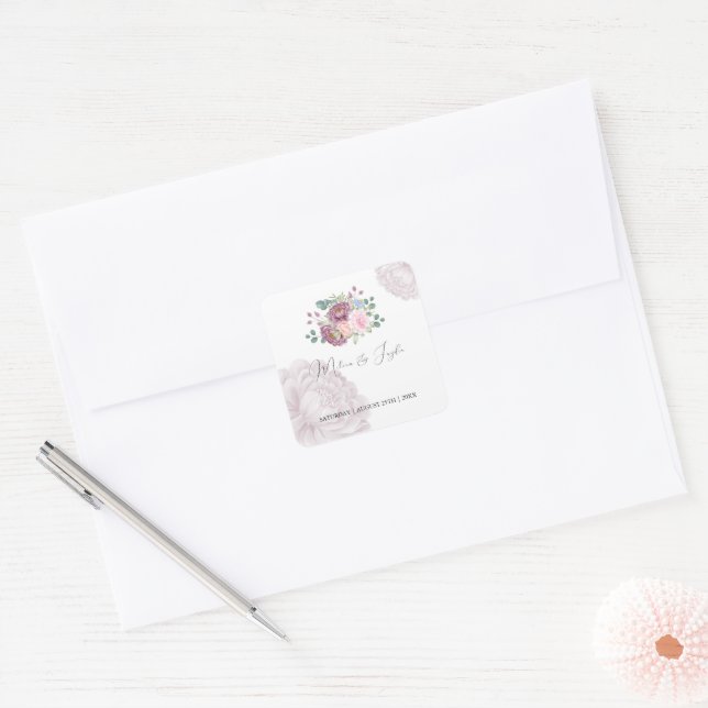 Adesivo Quadrado Dusty Rosa Plum Peony Floral Wedding (Envelope)